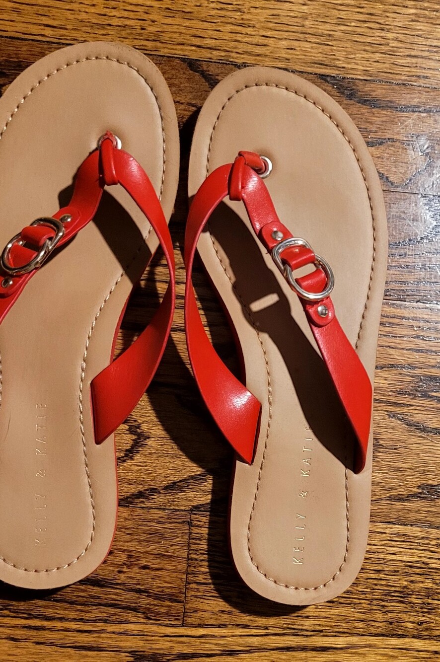 5 For $25 Kelly & Katie Red Leather Thong Sandals with Metallic Accent